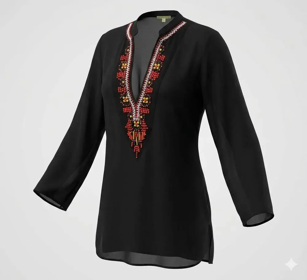 Gianni Bini Resortwear Black Chiffon Beaded Tunic Cover-Up Boho Indie Festival M